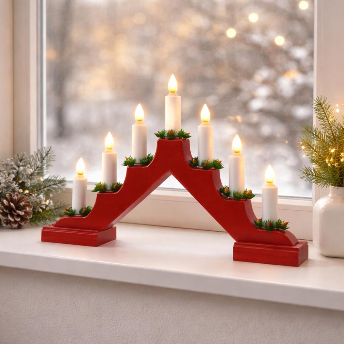 Anna's Collection Kaarsenbrug verlichting - rood - 7 led kaarsen - warm wit - 37 cm - op batterij
