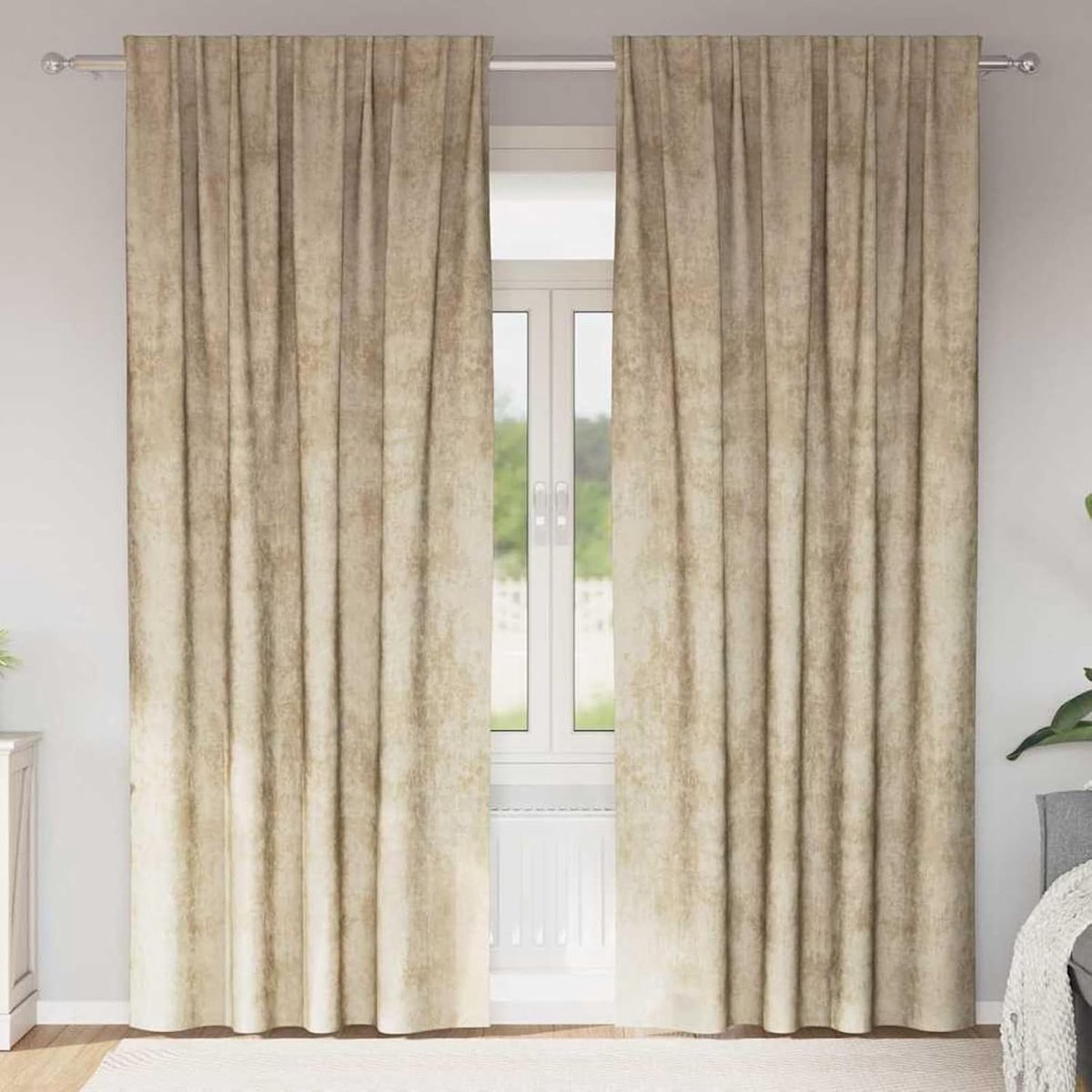 Fluwelen gordijnen, 2 stuks, met ringen, crème, 225 x 140 cm, plissérolgordijn, jaloezie, inkijkbescherming, zonwering, kant-en-klaar plissé rolgordijn
