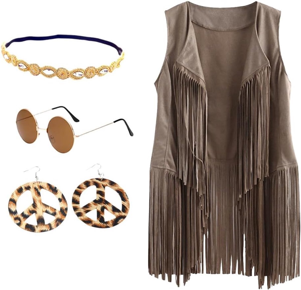 Dames franjes vest jaren 70 mouwloos vest carnaval kostuums disco outfit kostuum cardigan suède Halloween kostuum met oorbellen hoofdband bril S