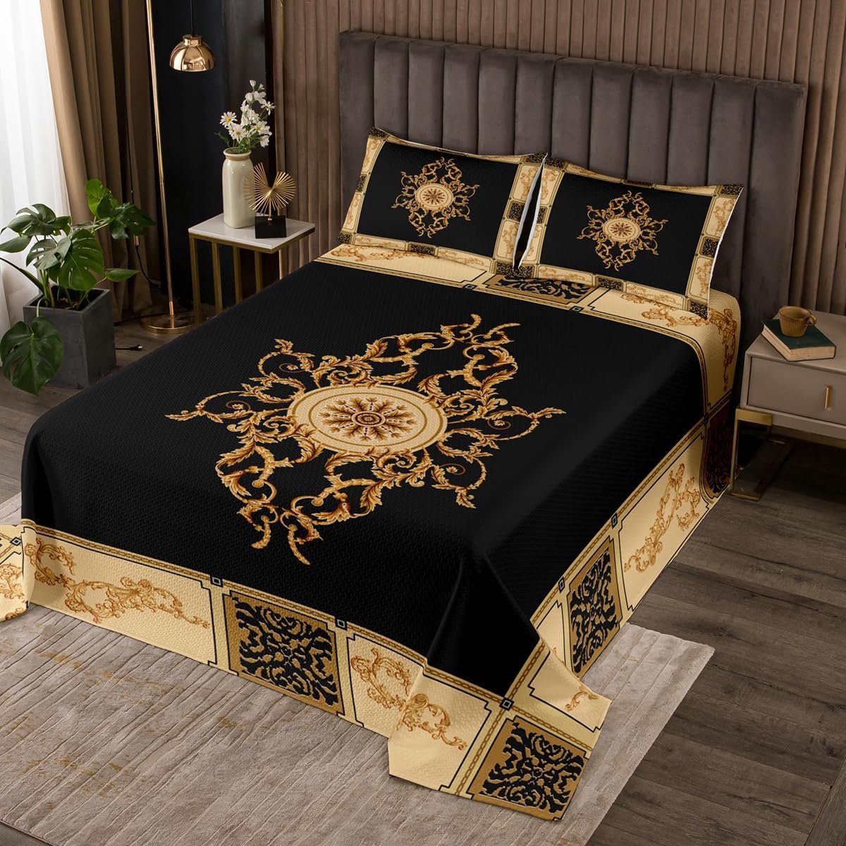 Vinatge Bloemen Coverlet Set Jongens Meisjes Traditionele Sprei Voor Kinderen Retro Bloemen Gewatteerde Coverlet Goud Zwart Gewatteerde Kamer Decor Dubbel