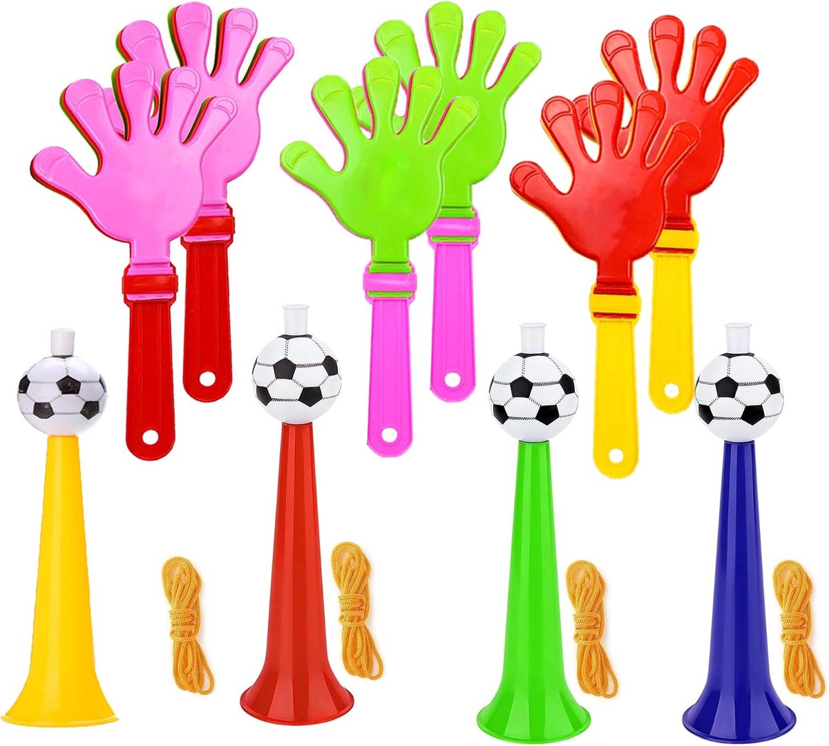 4 stuks Vuvuzela en 6 stuks klapperhanden, luid voetbalfan, vuvuzela trooten volgens voetbalfanfare, hoorn trooten voor kinderen, fans, voor voetbalthemafeest