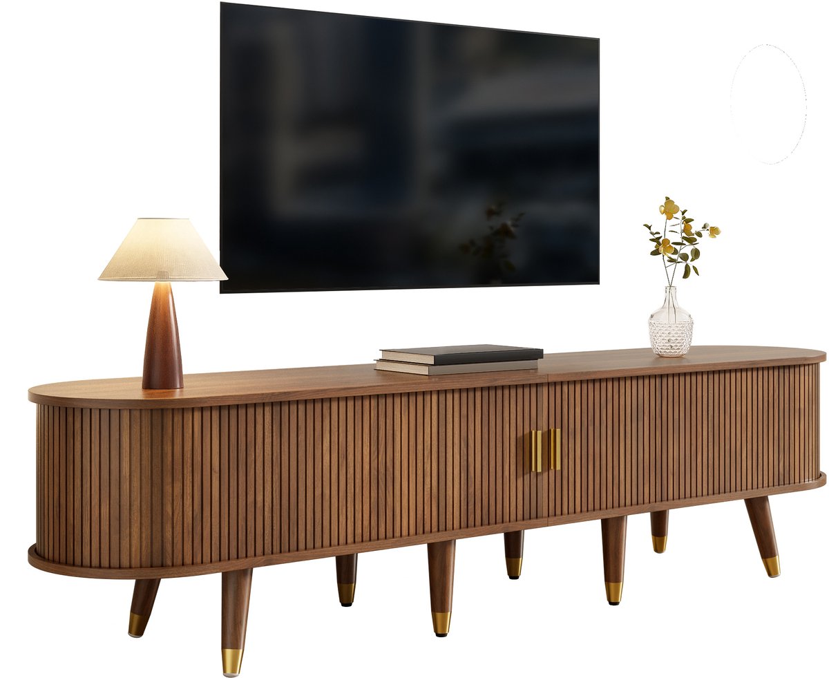 tv meubel - voor woonkamer - 175 cm breed - walnootlook - rotan schuifdeur met gouden handgrepen - lades, open vakken en gesloten kast - landelijke stijl