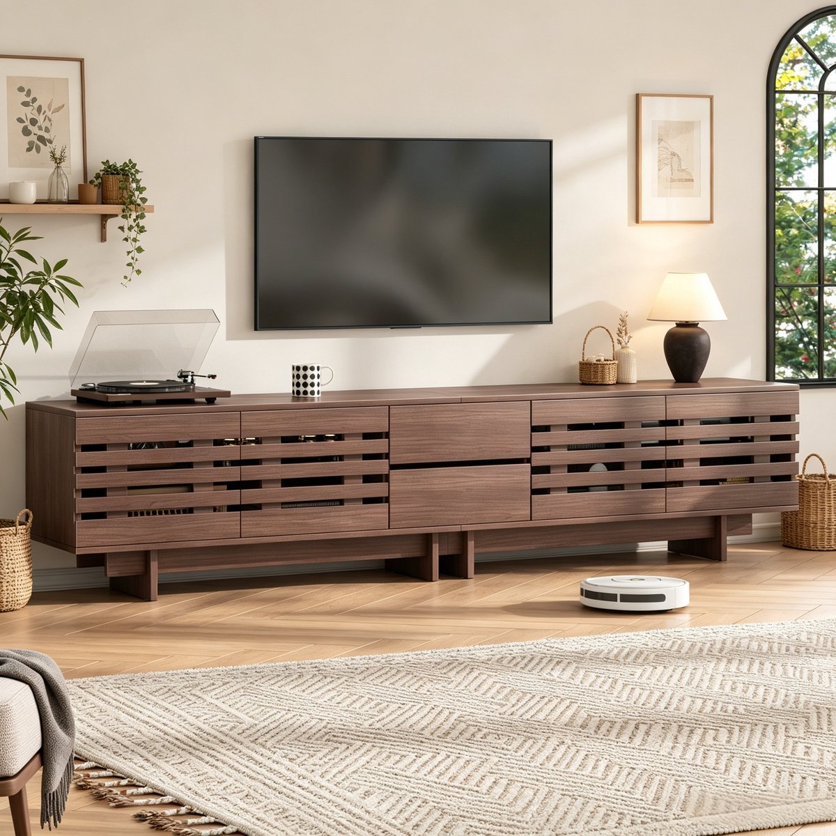 tv meubel Walnoot 200x39,5x55 cm - 4 deuren en 2 lades - 6 opbergvakken - Geschikt voor 80 inch tv - Kabelmanagement - Retro lameldesign