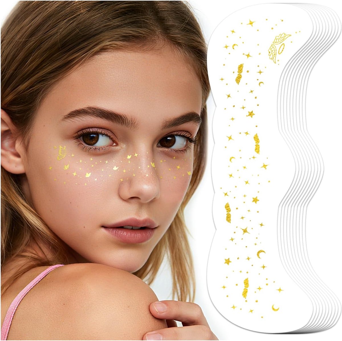 Glitter gezicht sproeten tattoo, gouden glitter sproeten tatoeage