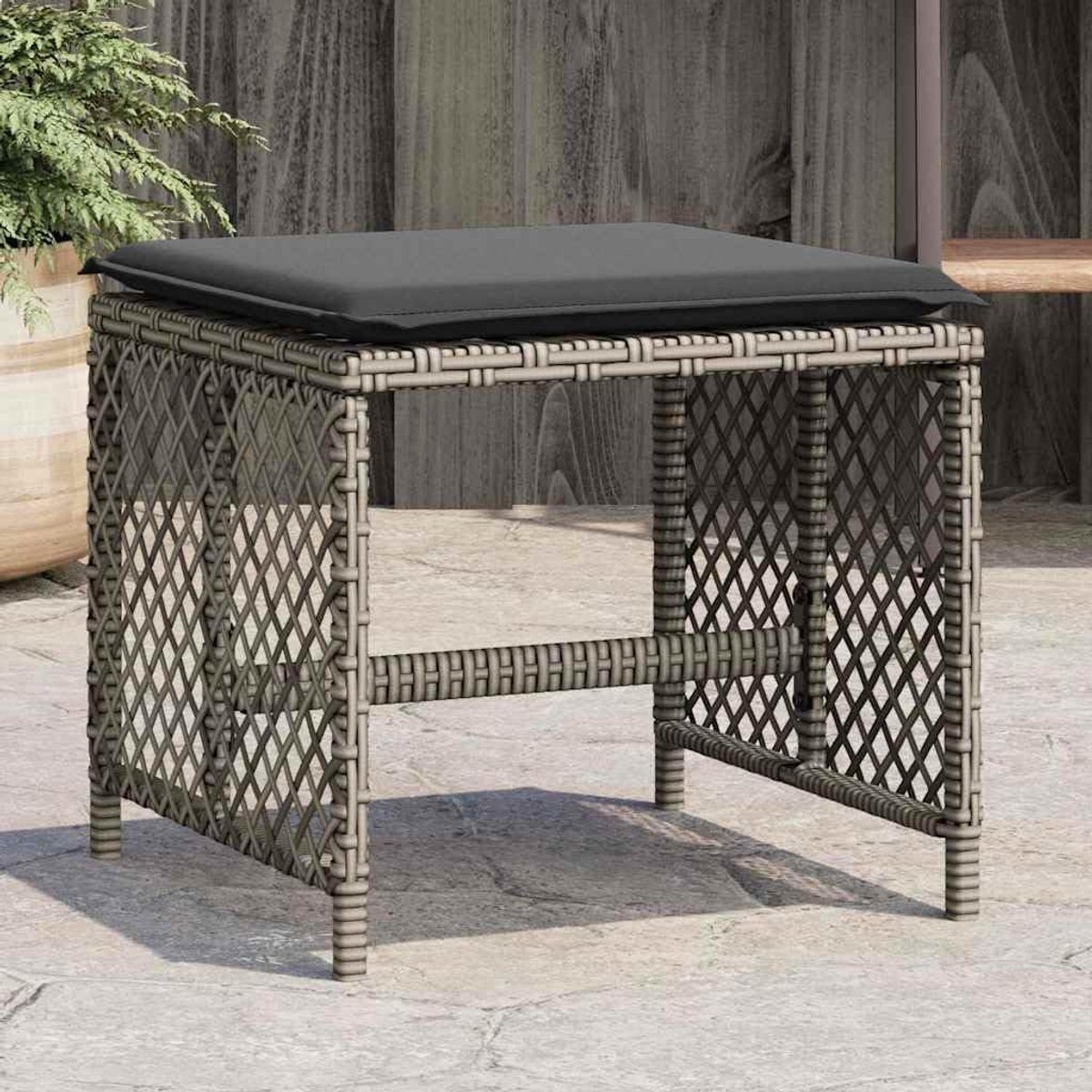 Set van 4 tuinkrukken met zitkussen, grijs, rotan-look, voetenkrukken voor balkon en terras, 41 x 41 x 36 cm, weerbestendig outdoormeubilair, kruk
