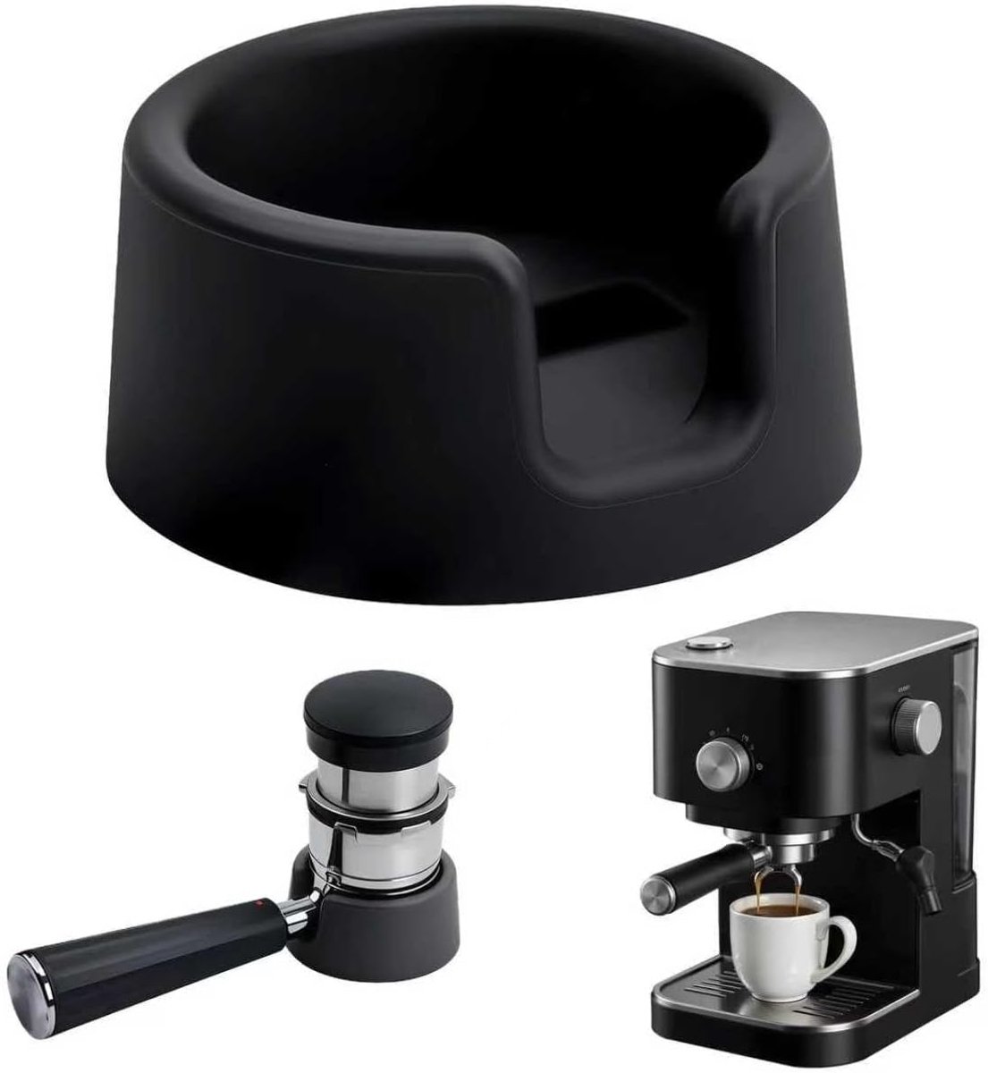 Koffiestamperbasis, zeefhouder, koffiezetapparaataccessoires, draagbare zeefhouder, steunstandaard, compatibele siliconen plank, zwart