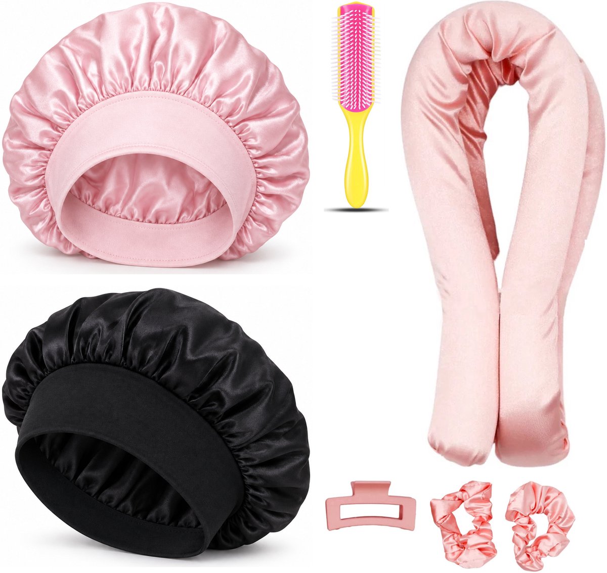 Professor Q Heatless Curls Set - Heatless Curlset met 2 Elastiekjes en Klem - Bonnet Roze - Bonnet Zwart - Fusion Pink Borstel