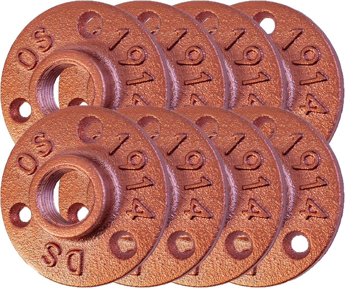 koperkleur, 8 stuks boorgaten flens schroefdraadflens tempergietverwarming, vintage industriële buisflens voor doe-het-zelf handwerk decoratie, keuken, bar, restaurant (1/2 '')