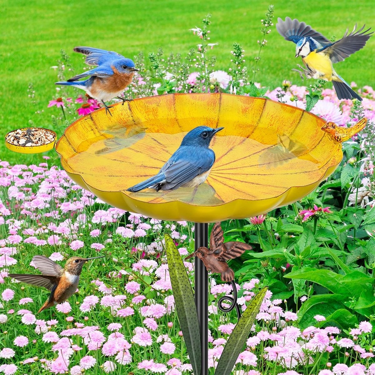 Vogelbad voederschaal waterplaats staand, vogelbad tuin voor wilde vogels, waterbad voor vogels, vogelbad groot, vorstbestendig, winterbestendig (retro geel)
