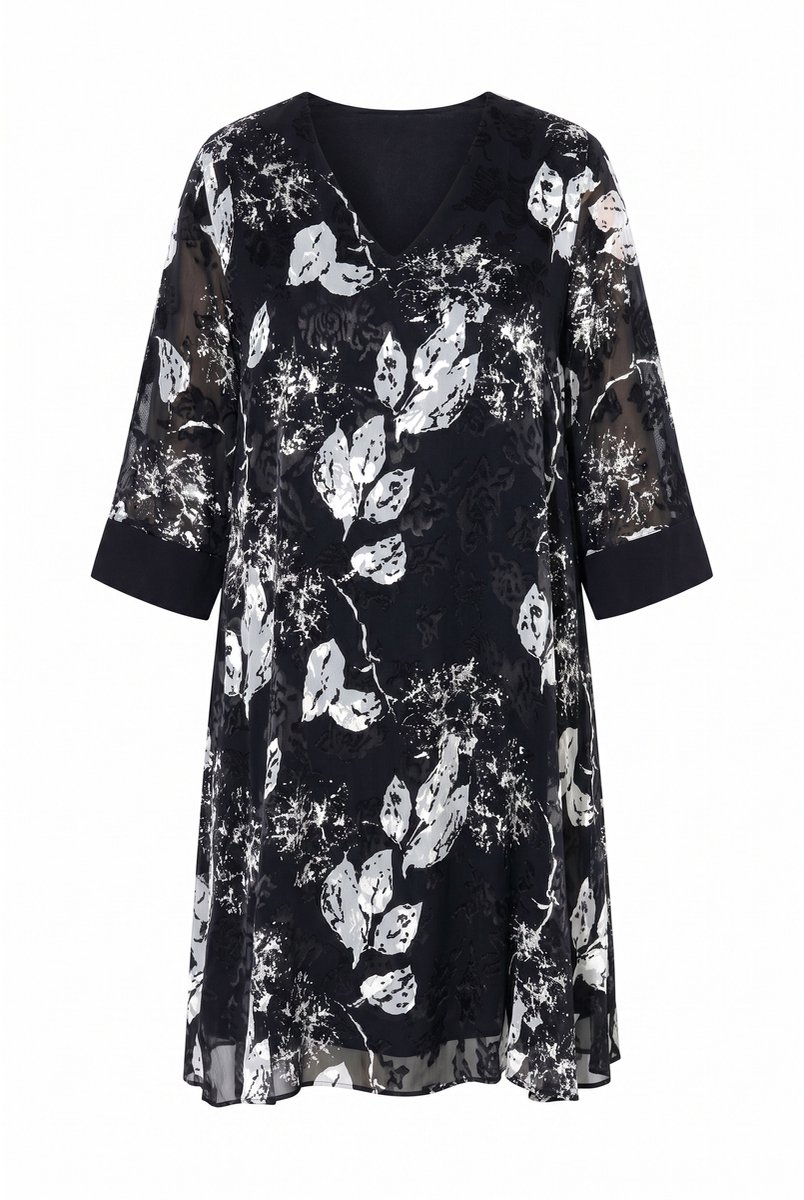 Ulla Popken - Dames - Jurk met burnout-effect zijdemix V-hals 3/4-mouwen - Zwart - Maat 42+