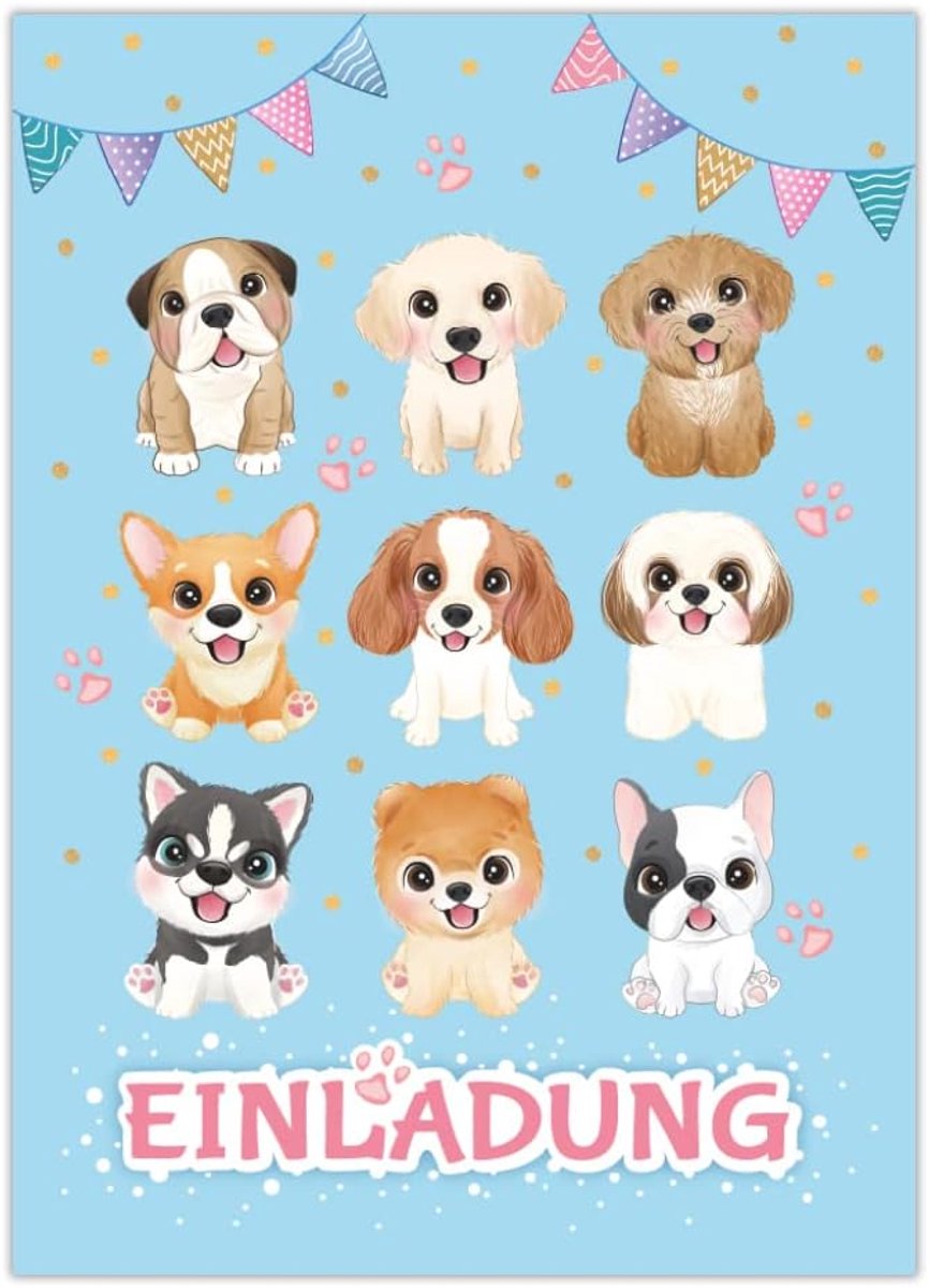 12 uitnodigingskaarten voor kinderverjaardag meisjes honden