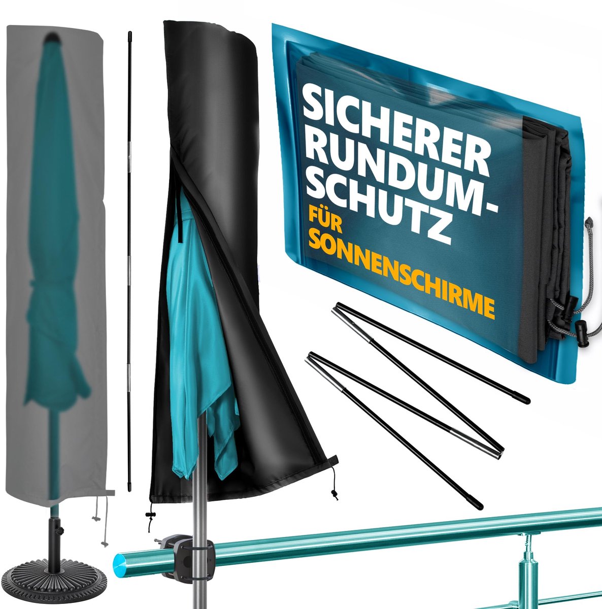Famanu Beschermhoes voor parasol - Weerbestendige beschermhoes voor parasol, parasolhoes Ø 3 m / 2,5 x 1,5 m, robuuste parasolhoes met stang, ritssluiting, polyester parasollaken, zwart
