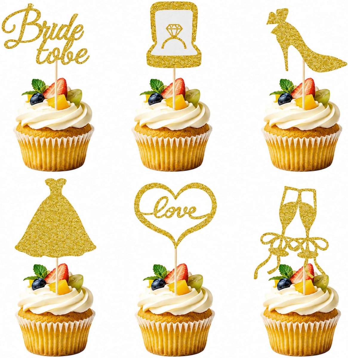 24 stuks Gouden Glitter Cupcake Toppers – Bruid in spe decoratie voor bruiloft, Elegante taartdecoratie bruiloft met bruidsmeisjesmotieven, Perfecte bruid in spe taartdecoratie voor