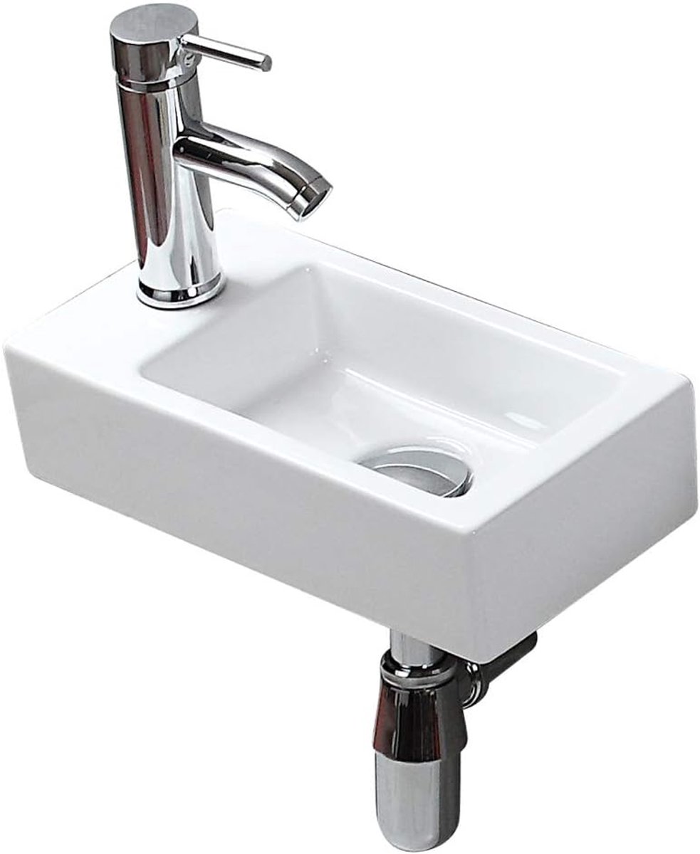 Wandmontage Compacte Keramische Spoelbak Kleine Grootte Rechthoek Links Wastafel Glans Wit Eenvoudig en Elegant Ontwerp voor Moderne Badkamer Garderobe Toilet WC
