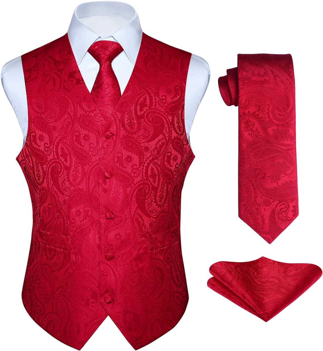 Gilet voor heren, paisley-gilet voor bruiloft, stropdas, pochet, bloemenpatroon, jacquard feestpak, set met gilet