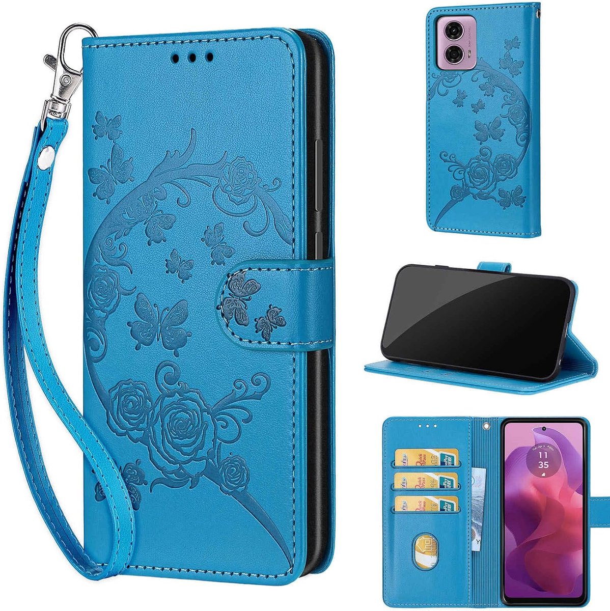 Portemonnee Telefoonhoes voor Motorola Moto G24 / E14 Bloemen-blauw