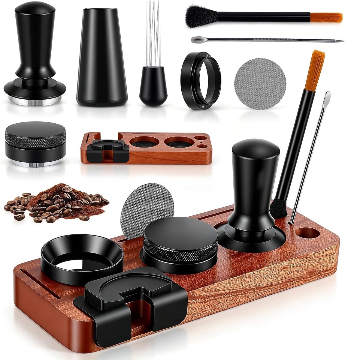 8-delig, 51 mm koffiestamper met tamperstation en WDT-gereedschap, verdelingsgereedschap en doseerring voor zeefhouders, geschikt voor Breville en Delonghi