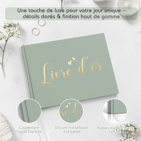 gastenboek in zachte en moderne stijl, ideaal voor bruiloft, doop of feest, gouden hardcover en 100 witte pagina's om zelf vorm te geven — afbeelding 4