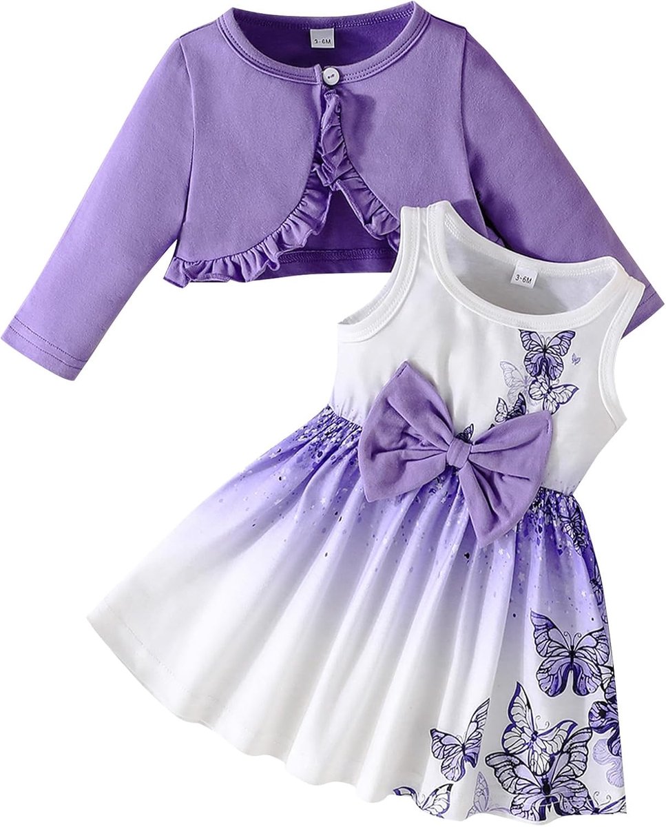 Babyjurk en gebreide jas voor kleine kinderen, met vlinderprint, rok met lange mouwen