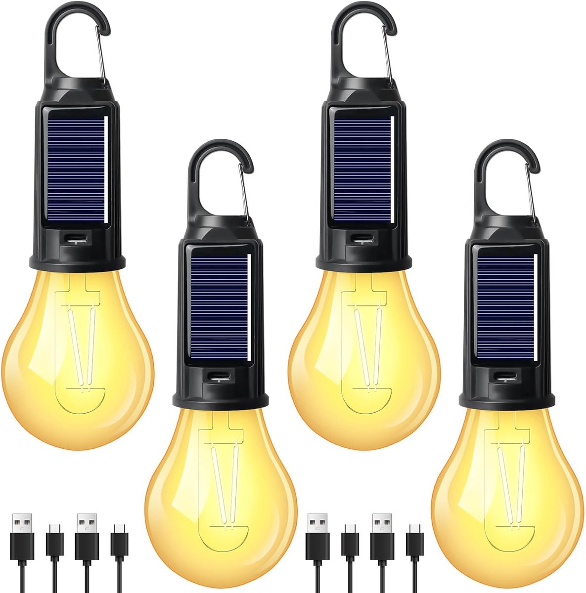 Campinglamp op zonne-energie, 4 stuks, oplaadbaar, tentlamp, campinglantaarn met karabijnhaak, led-campinglantaarn, tentlamp, gloeilampenset, campinglampen, campinglicht voor noodgevallen, wandelen