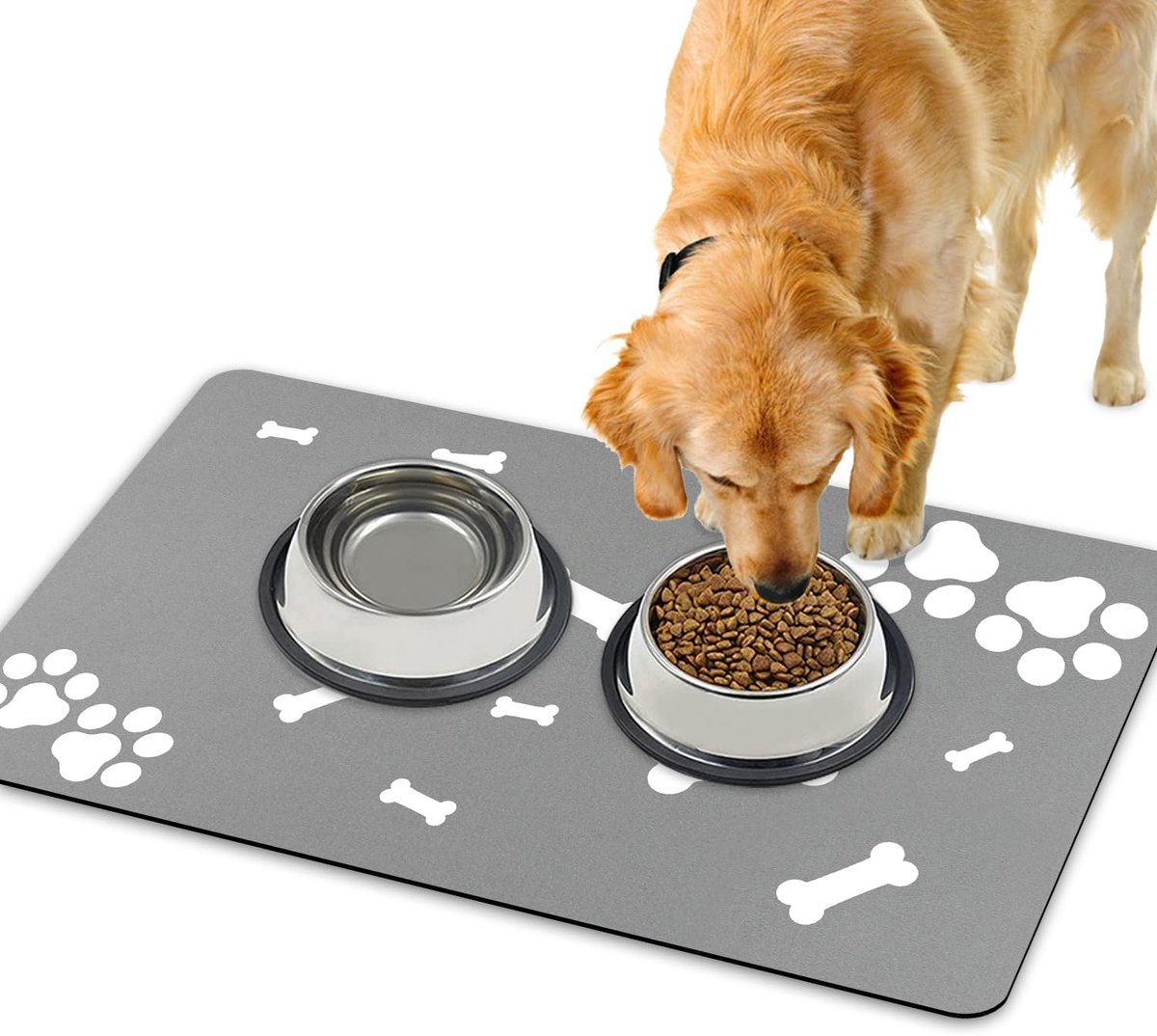 Voedingsmat voor honden, voedermat voor honden, sneldrogend, super absorberend, wasbaar, antislip, voor honden en katten, 43 x 75 cm (botpootmotief, lichtgrijs)