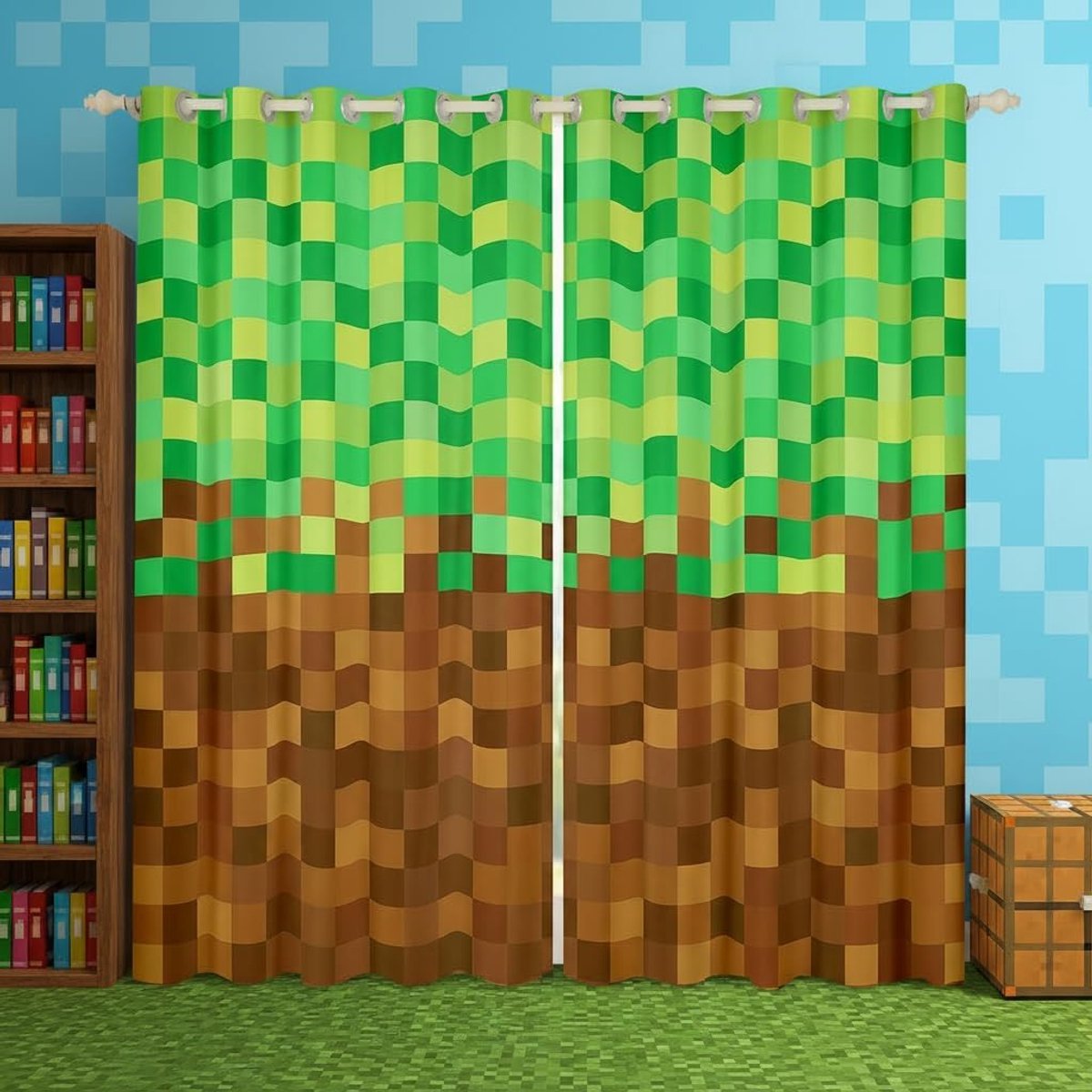 Raamgordijnen met geometrisch rooster, S-maat, vierkant, camo-blokken, schaduw, woondecoratie, bruin/groen, modern, gamingthema, raamgordijnen, 2 panelen voor kinderen