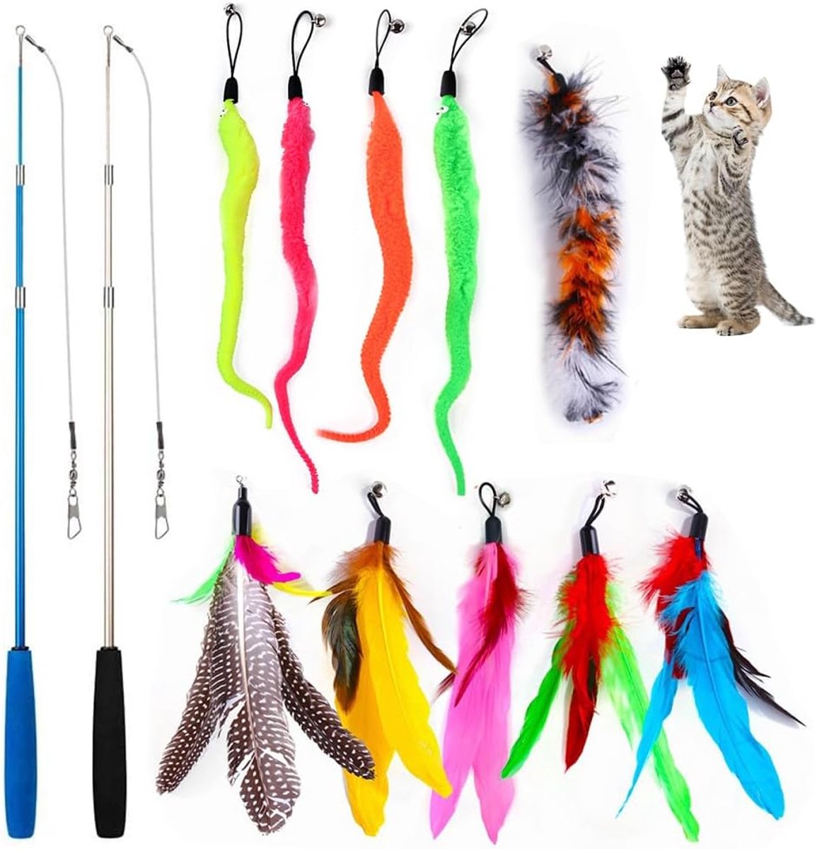 12 stuks speelgoed met veren voor katten, interactief speelgoed voor katten, 2 interactieve toverstaf met 10 navulveren, interactieve vogelveren