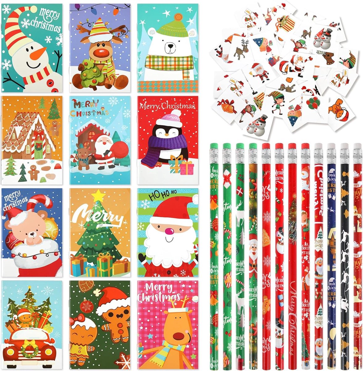 Dailygoods- Kerstfeest Mini Doos - Kerstcadeau - Kerstnotitieblokken - Kerstpotloden - Tijdelijke Tatoeages - 12 Stuks per Set - Kerstcadeaus