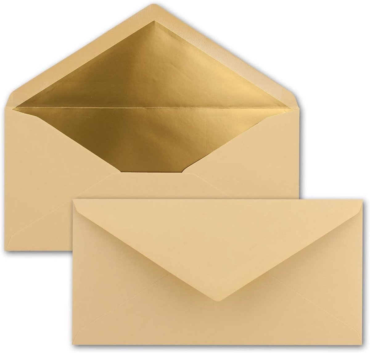 25 enveloppen DIN lang - caramel met goud-metallic voering - 110 x 220 mm - nat lijmen - feestelijke enveloppen voor uitnodigingen