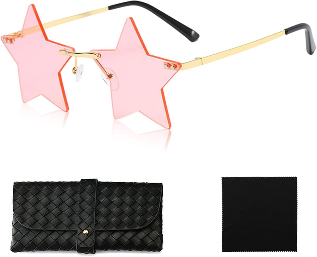 Zonnebril, grappige zonnebril voor dames, randloze stervormige zonnebril, roze zonnebril, ster met brillendoekje en etui, feestbril, sterren voor vrouwen en meisjes, roze