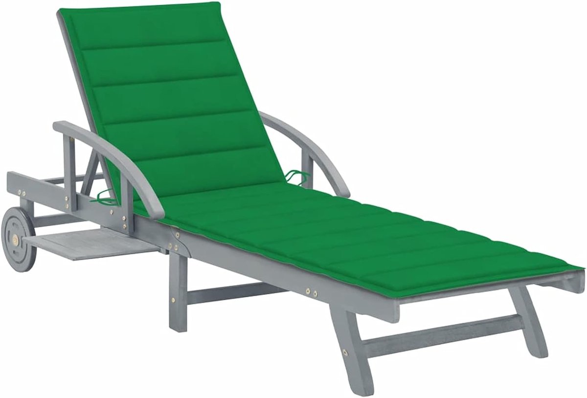 Zonneligstoel met kussen, tuinligstoel, houten ligstoel, relaxstoel, strandstoel, tuinmeubelen, rolligstoel, acaciahout, massief groen