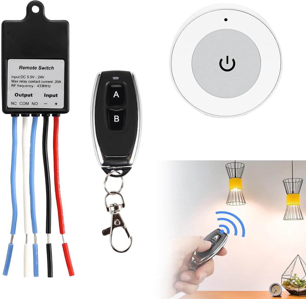 Afstandsbediening schakelaar, 12 V draadloze schakelaar, DC 5,5 V ~ 30 V 5 A relais afstandsbediening, 50 m lange bereik, draadloze schakelaar met 2 afstandsbedieningen, voor plafondlampen, motor
