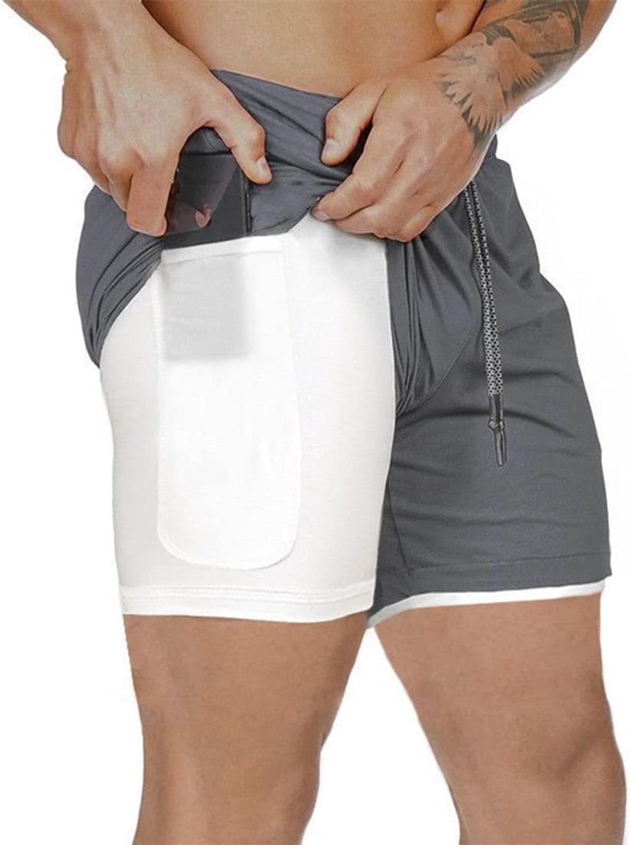 Shorts heren 2-in-1 trainingsshorts zomer korte broek sneldrogende hardloopshort sportbroek met zakken compressieshort