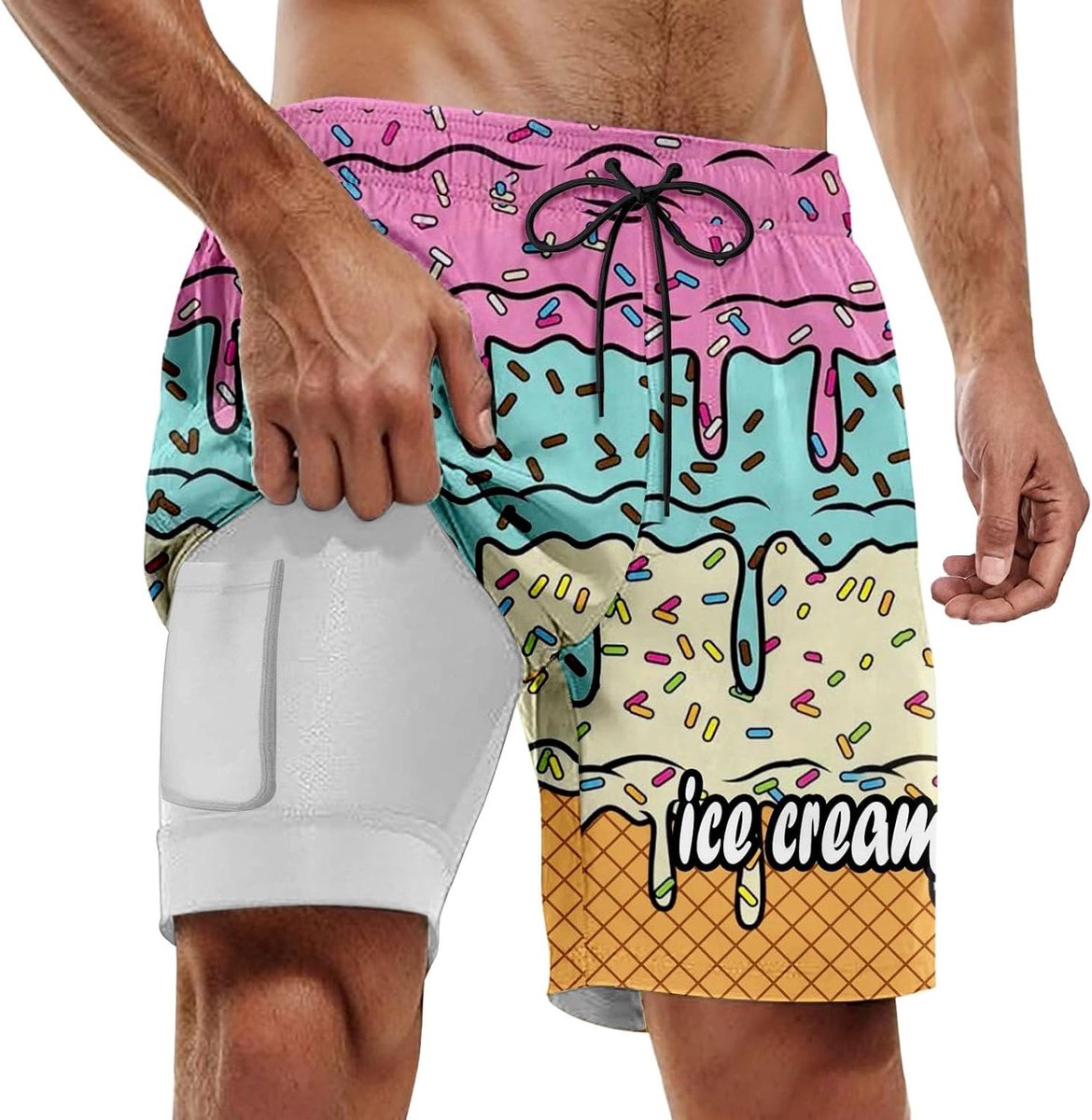 Zwemshorts voor heren voor zomerfeesten aan het zwembad en op het strand. Dubbellaagse zwembroek met smeltende ijsprint, perfect voor dagen op het strand en comfortabel om te dragen.