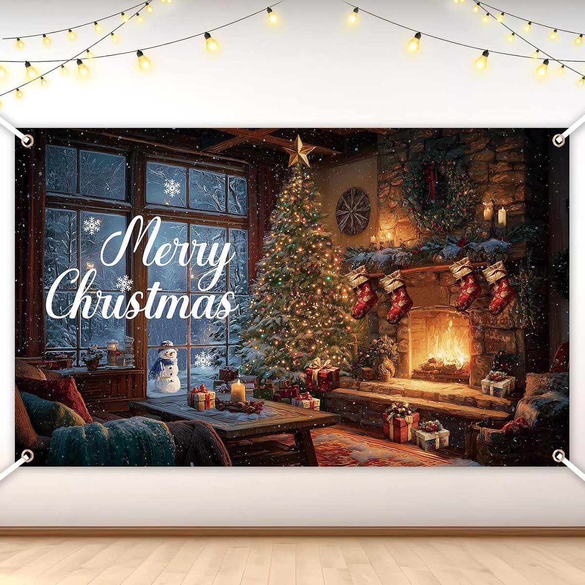 Merry Christmas Achtergrond, 180x110cm Kerstdecoraties Banner Vrolijke Feestdagen Achtergrond voor Fotografie Huisdecor Tuinbord Winter Verjaardag Feestartikelen (Openhaard)