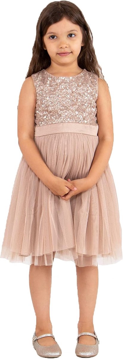 Deluxe Midi-jurk voor meisjes, pailletten, feestjurk, tutu, bruidsmeisjes, bruiloft, met ceintuur, Taupe Blush, 5-6 jaar