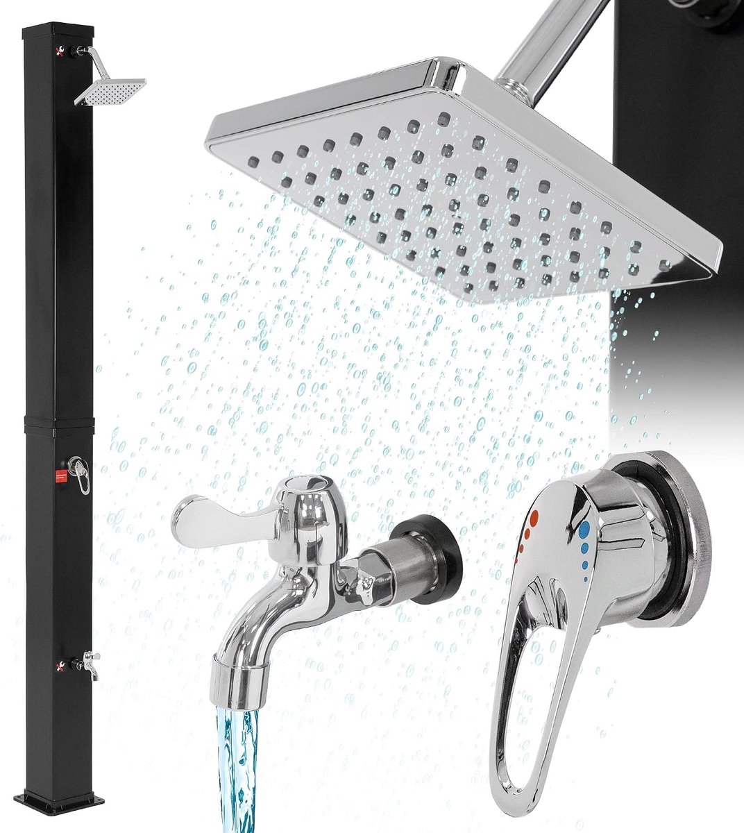 Solar Douche 40 L 217cm Vierkant Met Voetdouche En Regendouchekop, Zwart, Warm Water, Tot 60°c Zonder Stroomaansluiting, Met Tuinslangaansluiting, Solar Tuindouche Buitendouche Zwembad