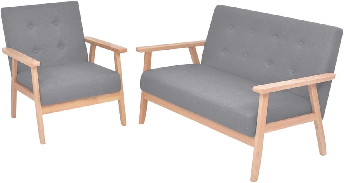 2-dlg. Stoffen sofa set 2-dlg. Incl. 1 x stoel en 1 x 2-zitsbank, houten frame stof lichtgrijs.