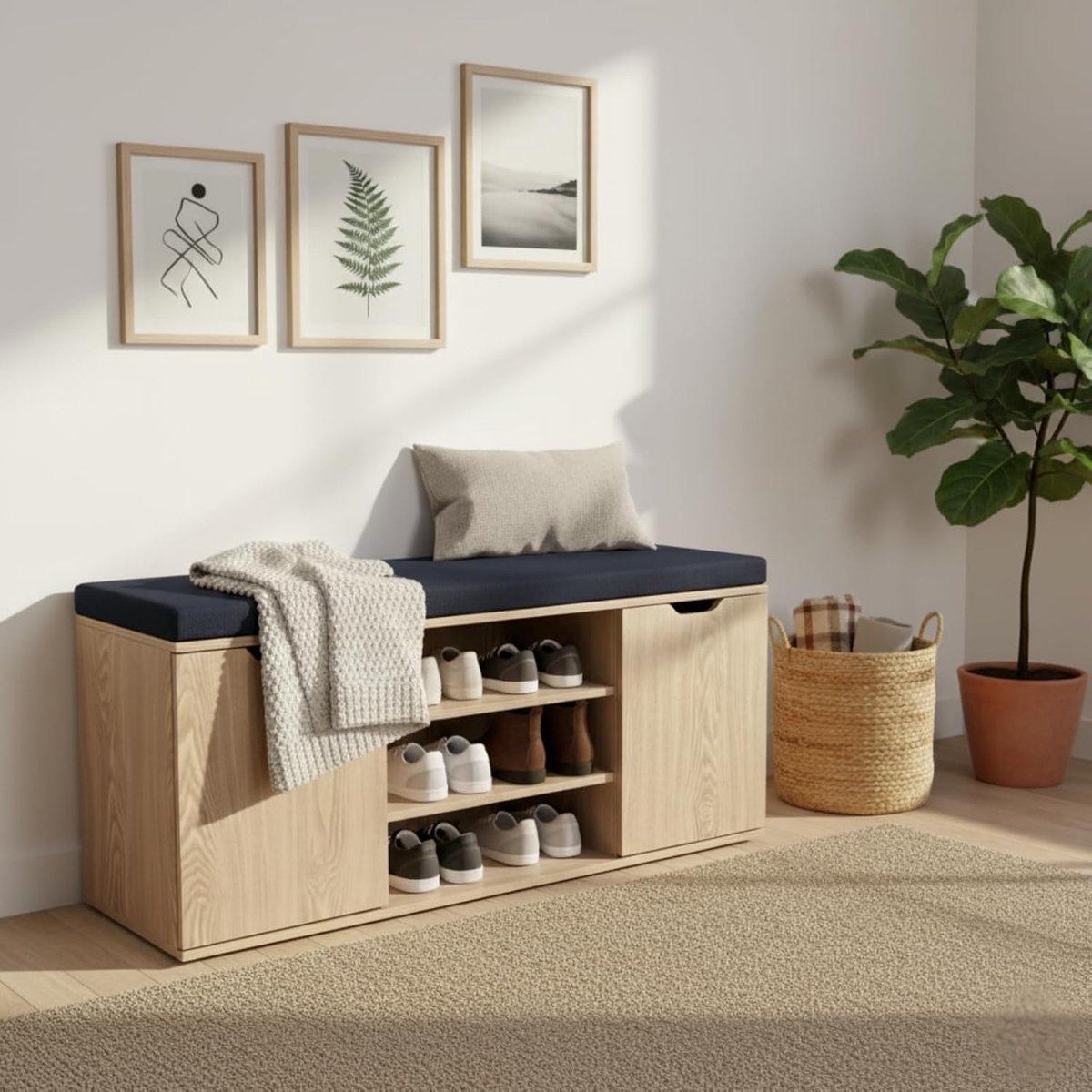 Schoenenkast met zitbank, MDF en polyester, 103 x 30 x 46 cm, gangkast met bekleding, schoenenopslag voor entree