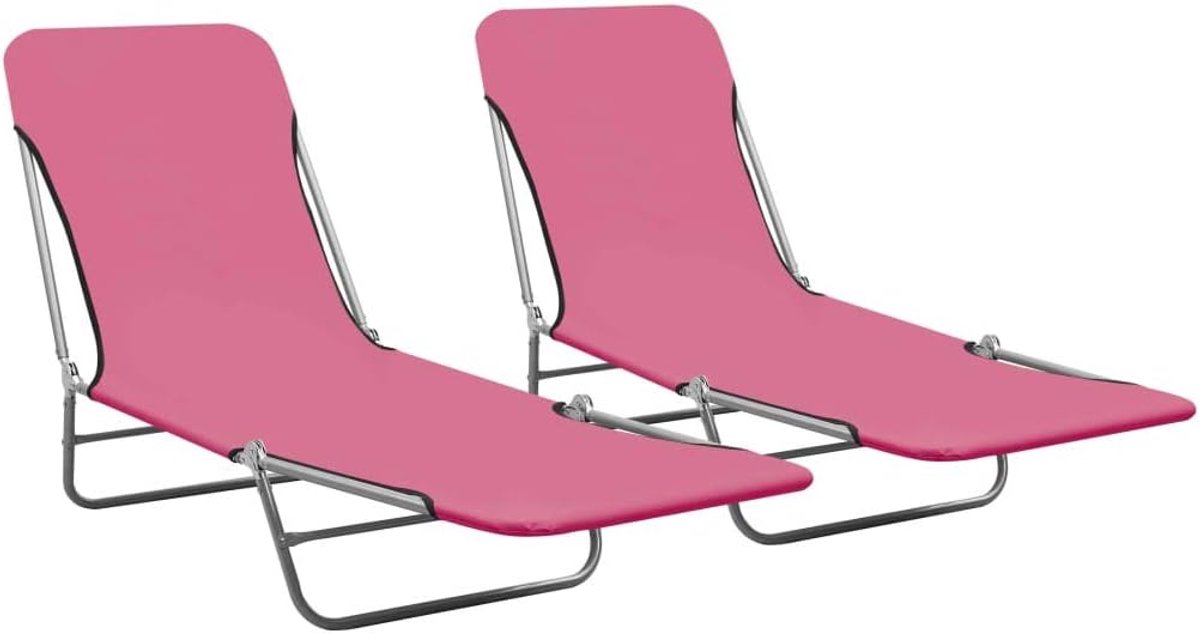 Strandstoel, ligstoel, outdoor, 2 stuks staal en roze, voor tuin, zwembad, terras