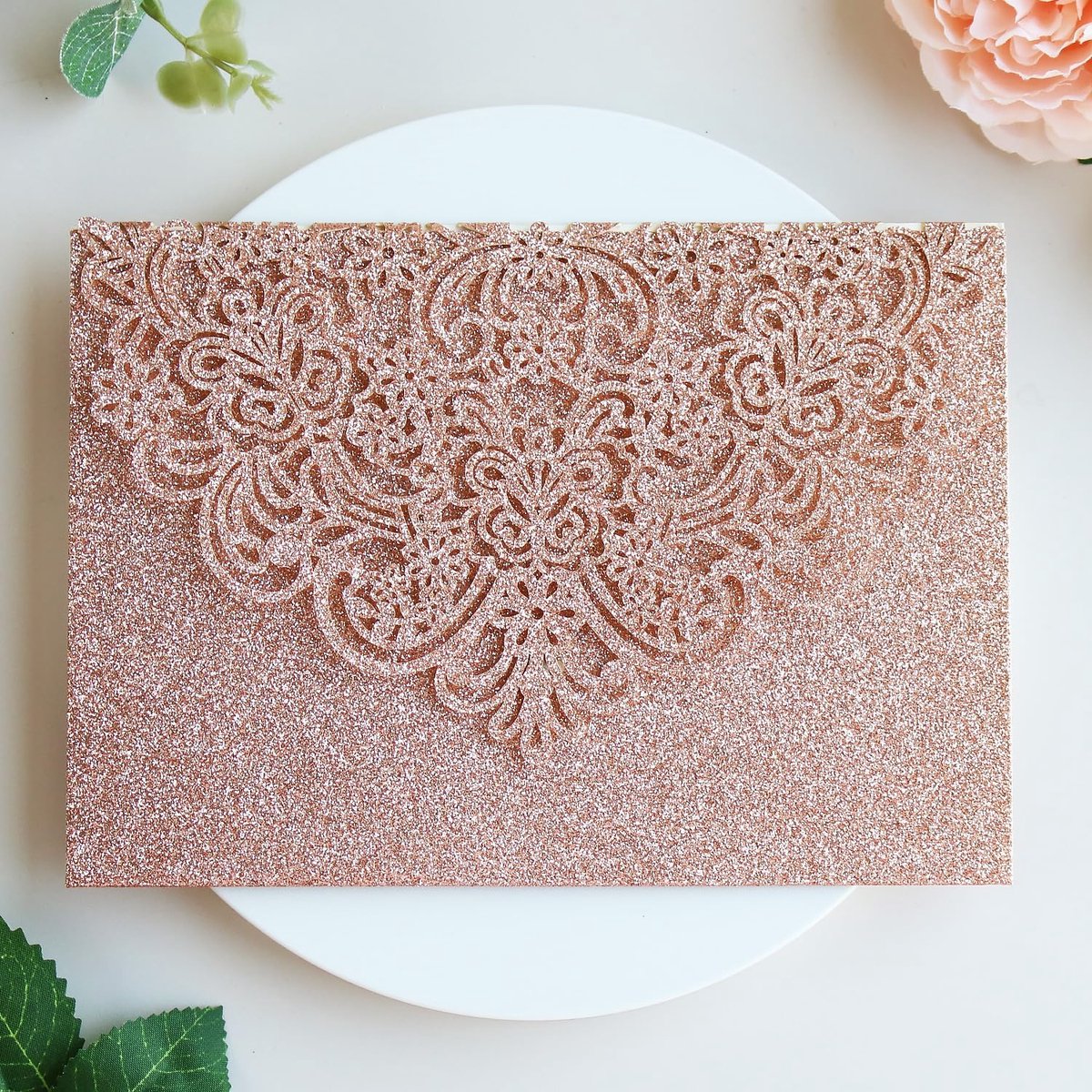 20 x roségoud, drievoudig, lasergesneden uitnodigingskaarten, set met antwoordkaart en enveloppen, roségoud, glitter, bloemendesign, uitnodigingen voor bruiloft, verjaardag, huwelijksjubileum