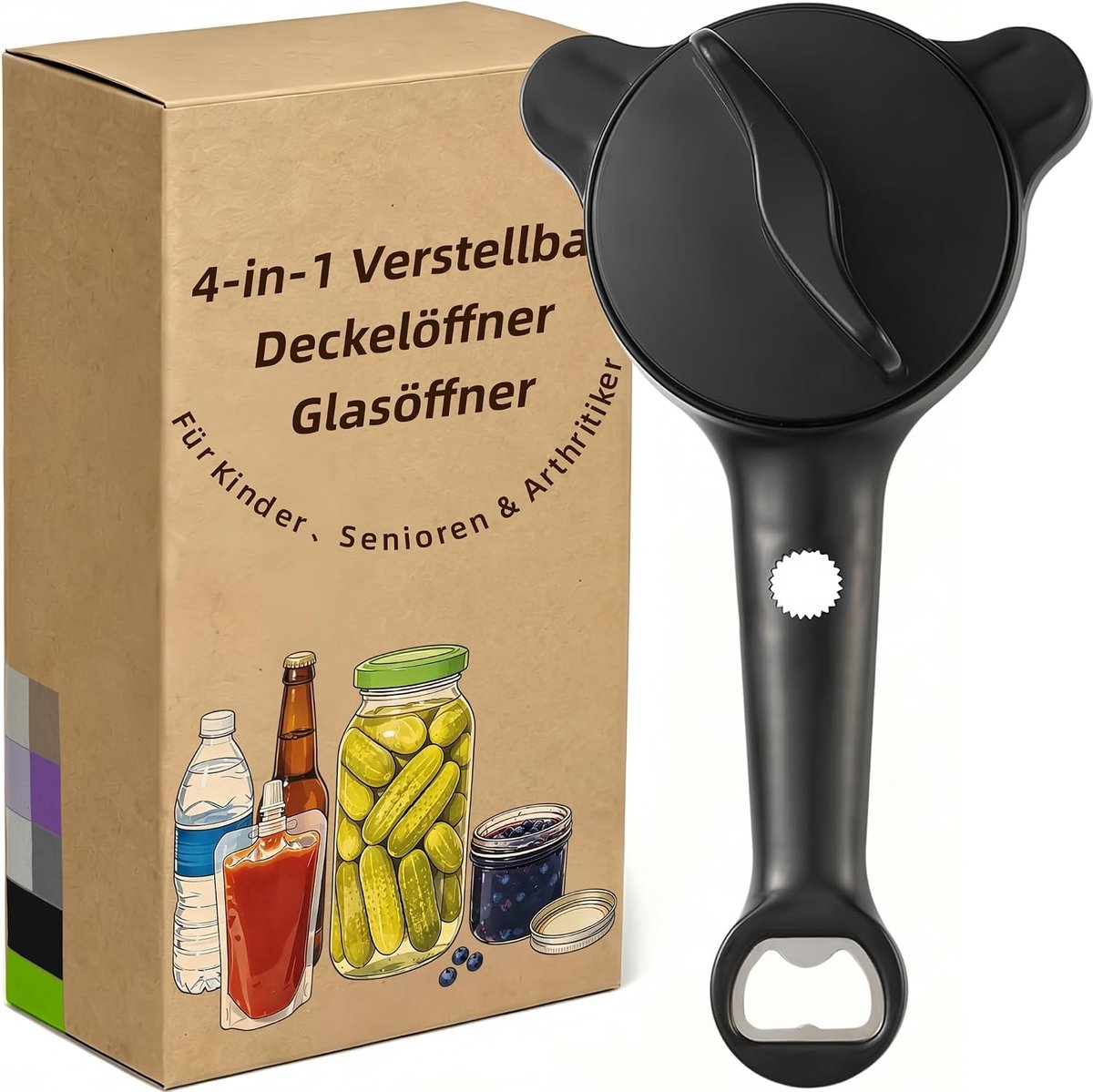 4-in-1 verstelbare dekselopener, multifunctionele glasopener voor senioren en artritis, 2,5-9 cm, voor glazen in de keuken, flessen en blikjes (zwart)