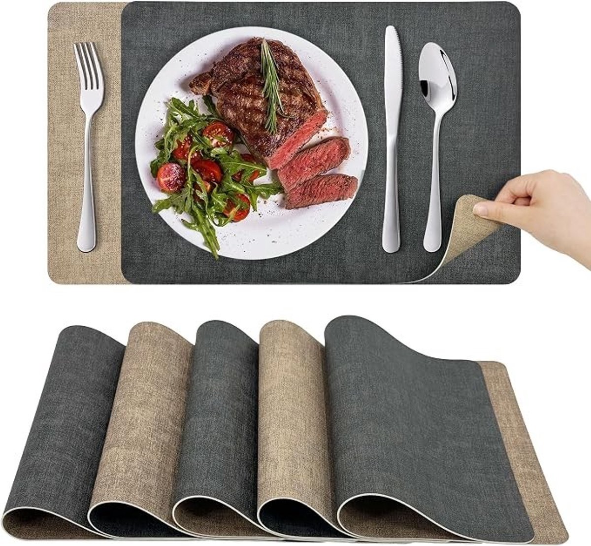 Livatto Placemats Wasbaar 6 stuks – Hittebestendig, Antislip & Dubbelzijdig (Grijs/Abrikoos, 43x30 cm)
