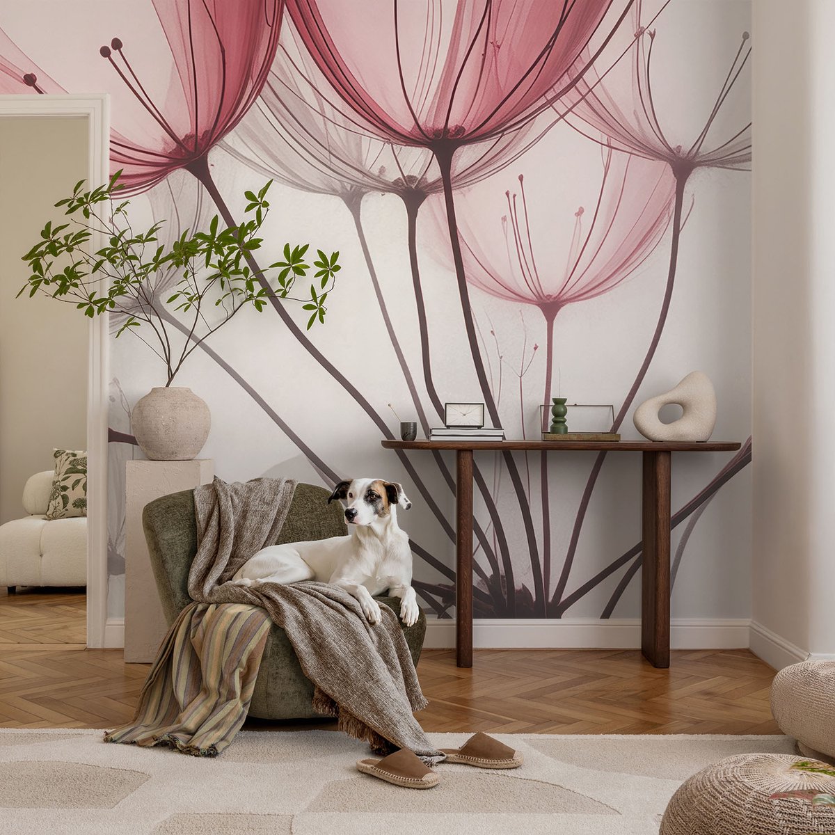 Coloray Vliesbehang - Roze Snellijm Behang - 312x219 cm - Bloemensilhouetten Fotobehang Vlies - Woonkamer behang Bloemen En Planten - Muurschildering - Woonkamer behang