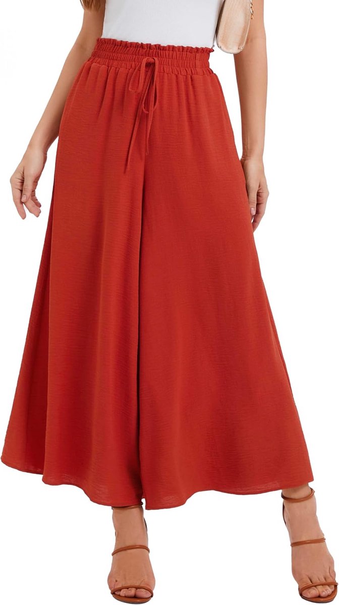 Pantalon voor Dames Zomer Elastische Hoge Taille met Trekkoord Luchtig Palazzo Broek Met 2 Zakken Voor Dagelijks Gebruik & Vrije Tijd