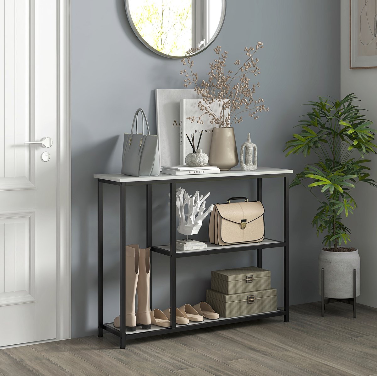 MODENUIT Sidetable 100 x 30 x 80 cm - 2 Open Planken - Kantelbeveiliging - Woonkamer - Staal en Spaanplaat Wit