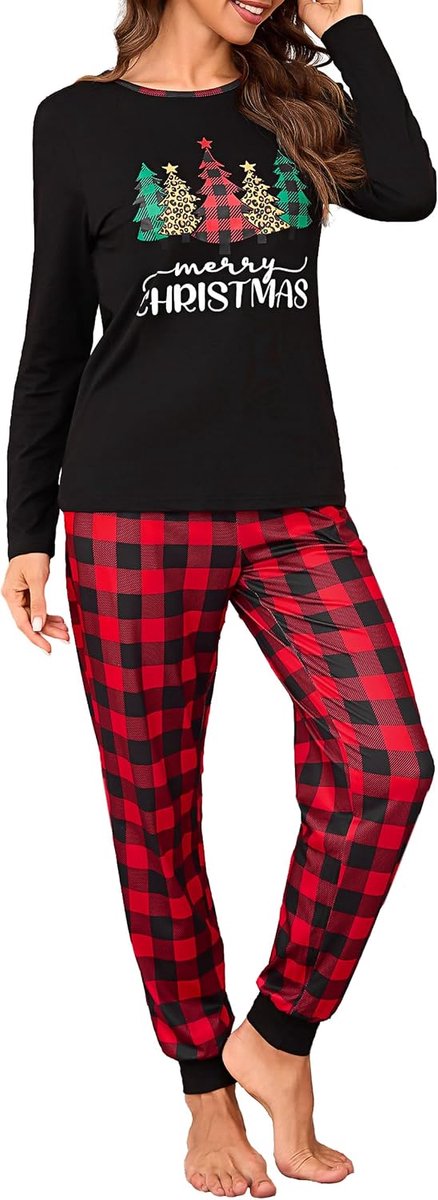 Damespyjama met lange mouwen, geruite pyjamaset, katoen