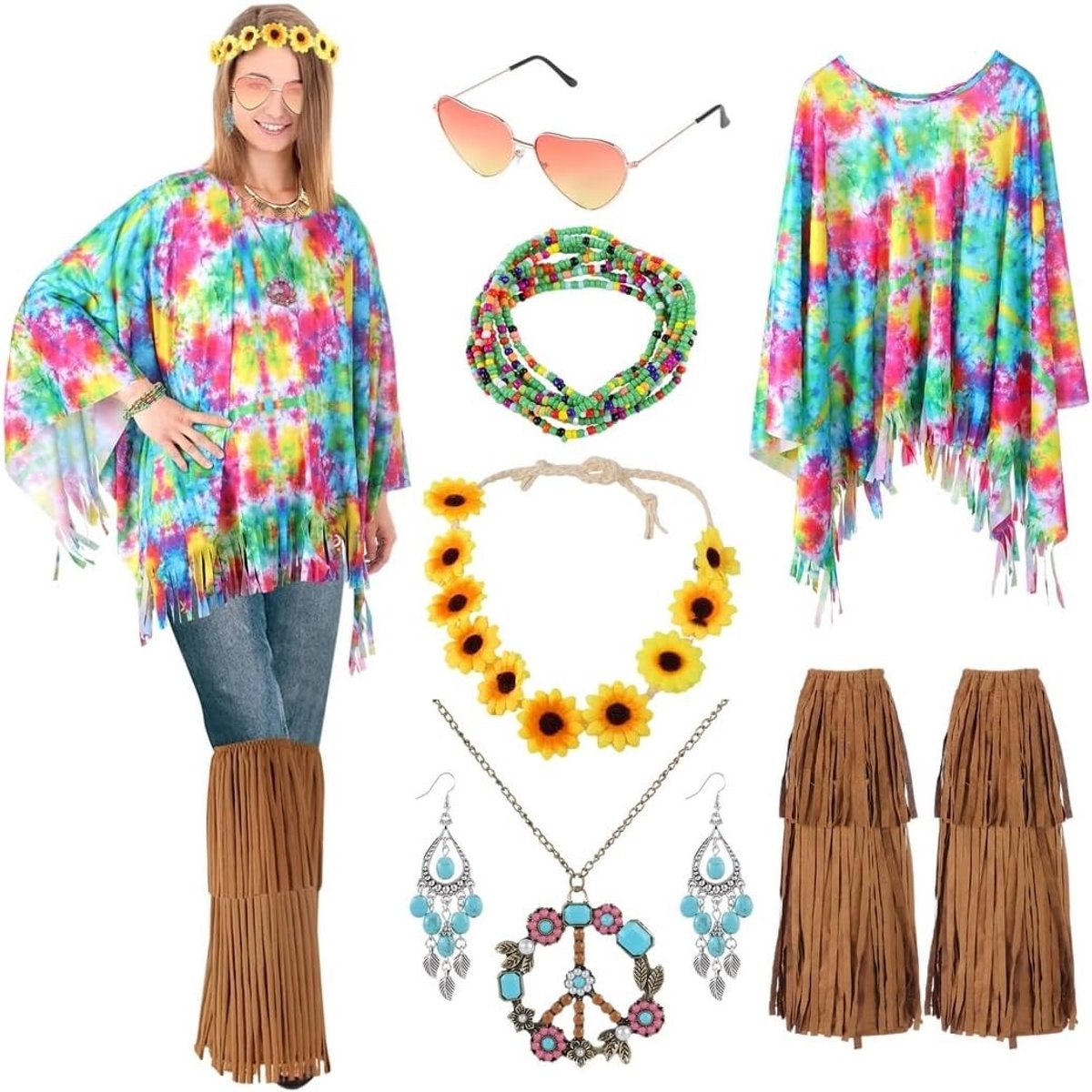 Hippie Kostuum Accessoires Set voor Vrouwen - 60s 70s Outfit met Tie Dye Poncho, Fringed Boot Covers, Vredesteken Ketting, Turquoise Oorbellen en Zonnebril - Perfect voor Feestjes en Thema-avonden