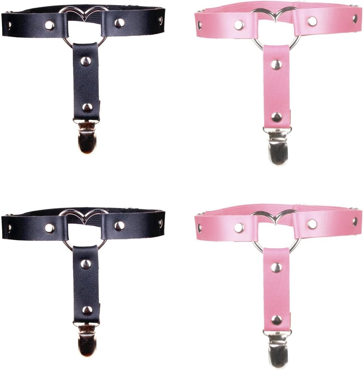 Verstelbare punk hartvormige leren kousenbanden voor cosplay en feestaccessoires - 4 stuks, roze/zwart, one size