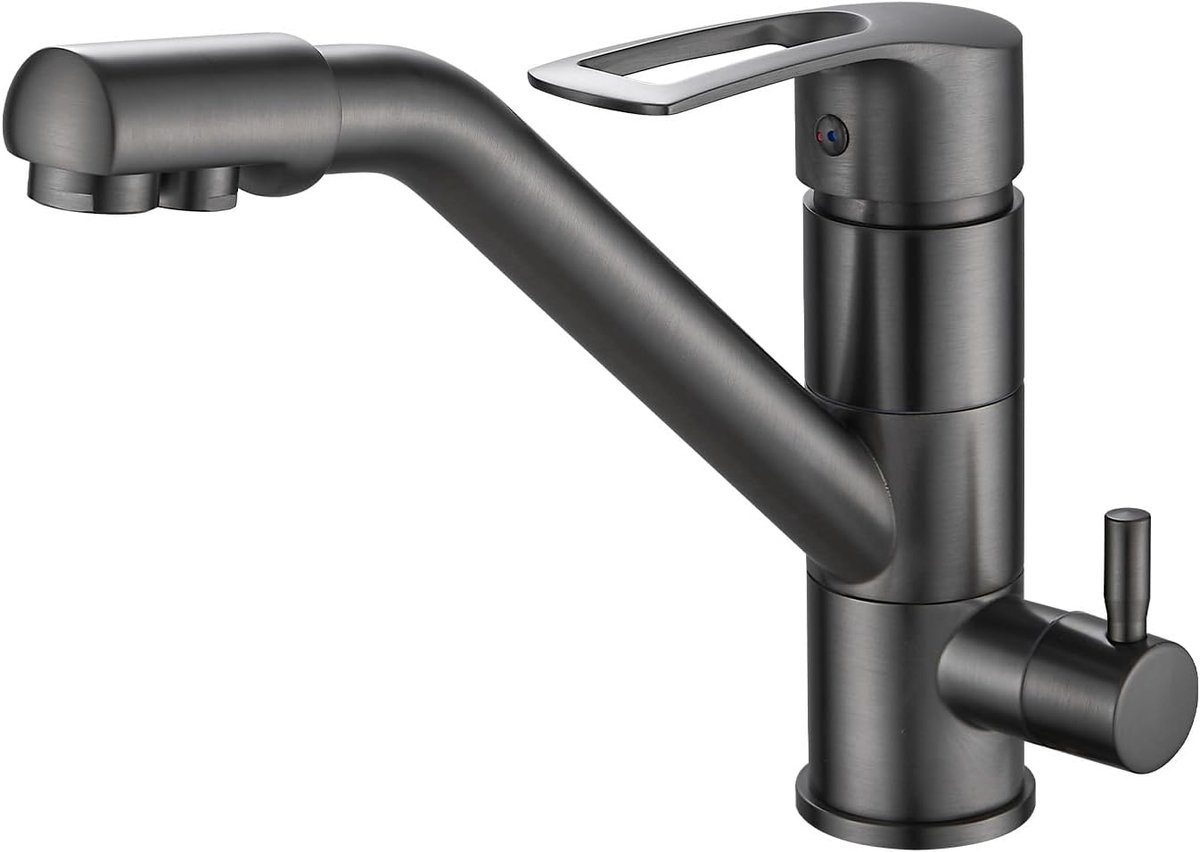 3-weg keukenkraan, 360° draaibare keukenkraan, spoelbakarmatuur met flexibele uitloop, G3/8 inch (drievoudige aansluitkraan met waterfilter, grijs)